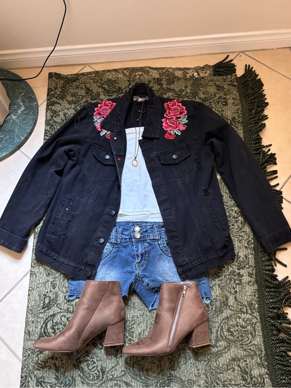 Ci Sono Black Denim Jacket with Pink Rose Embroidery